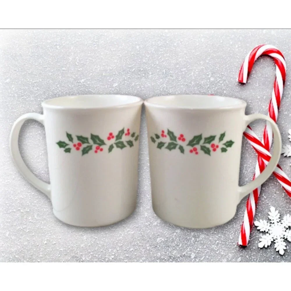 2 Winter Holly Berry Mugs Corning White Glass Green Christmas Holidays - Picture 1 of 5